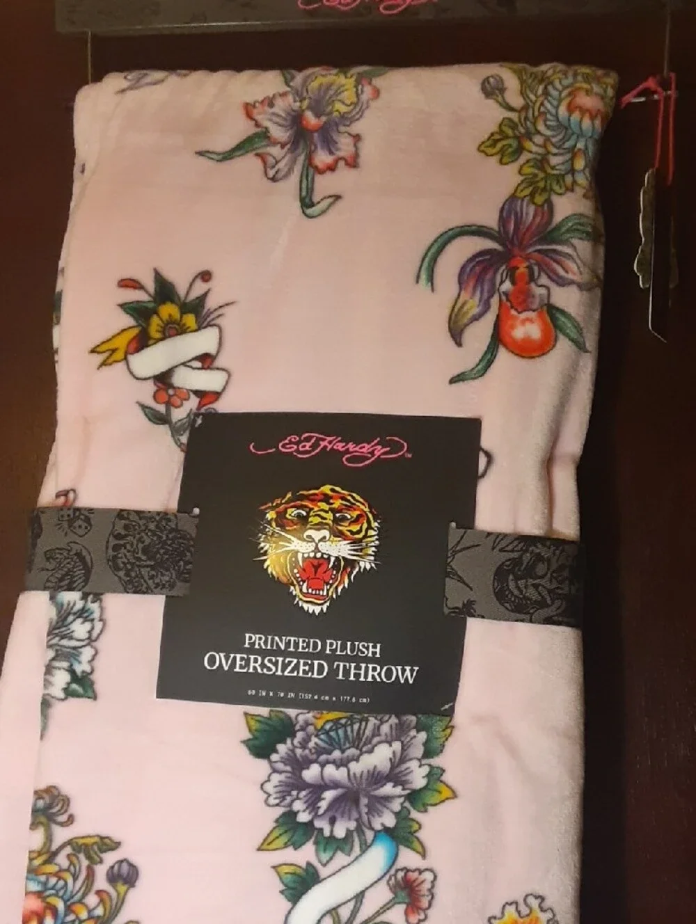 Ed Hardy Soft Pink Throw Blanket with colorful Floral Patterns